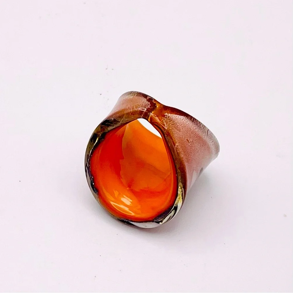 Fab Vintage Murano Italy Art Glass Statement Ring Peach Black White